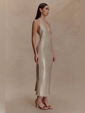 Meshki One-Shoulder Halter Midi Dress in Champagne